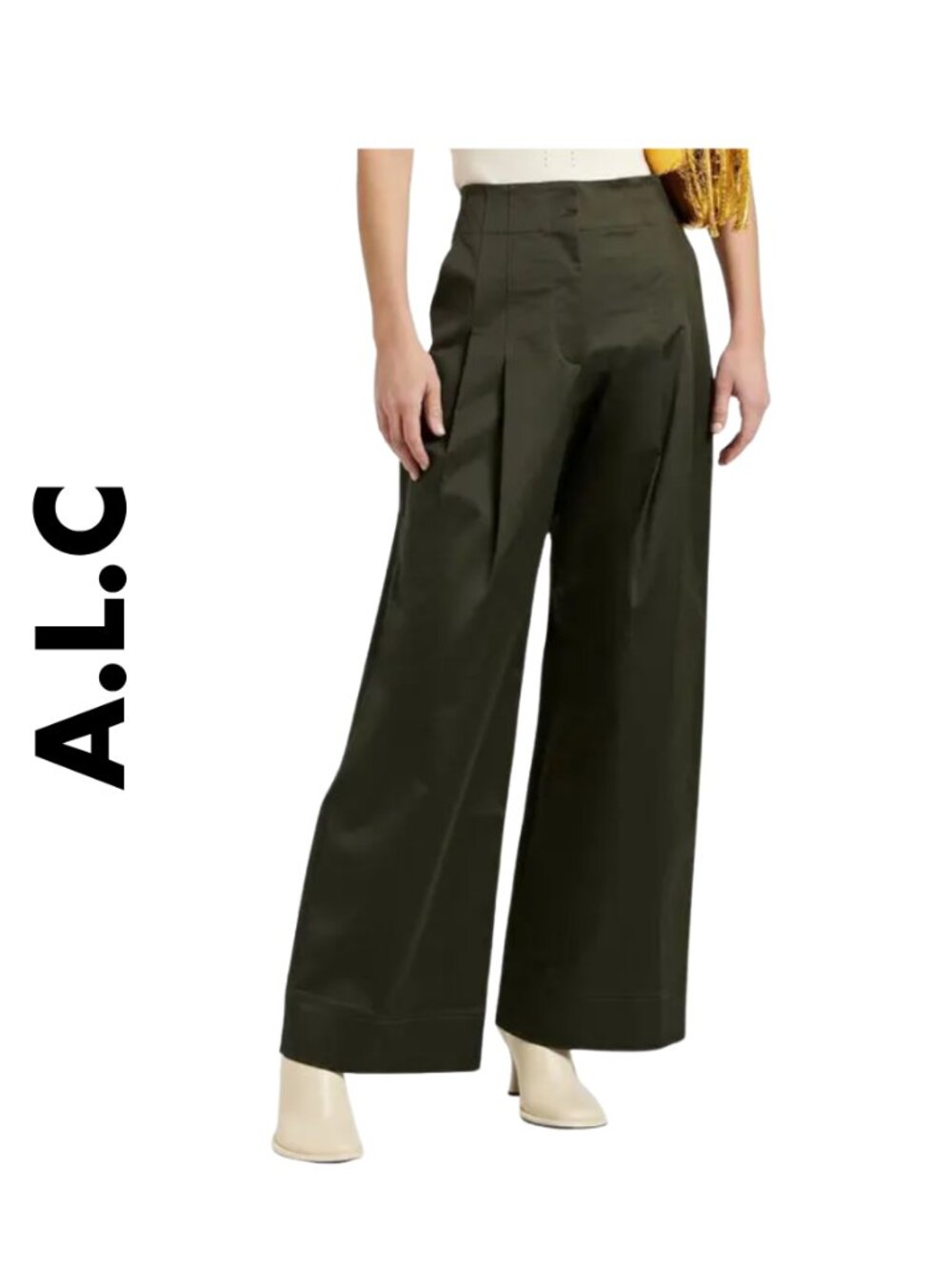 A.L.C. Bennett Pleated Wide Leg Forest Green Sateen Pants Size 4